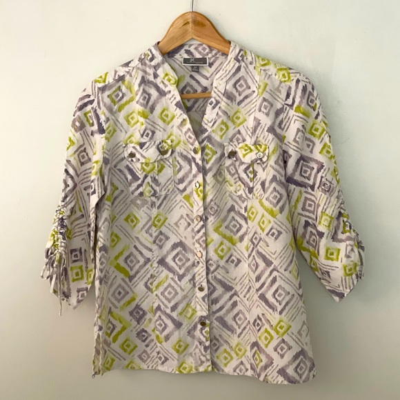 JM Collection Aztec Print Linen Blouse - Picture 1 of 9